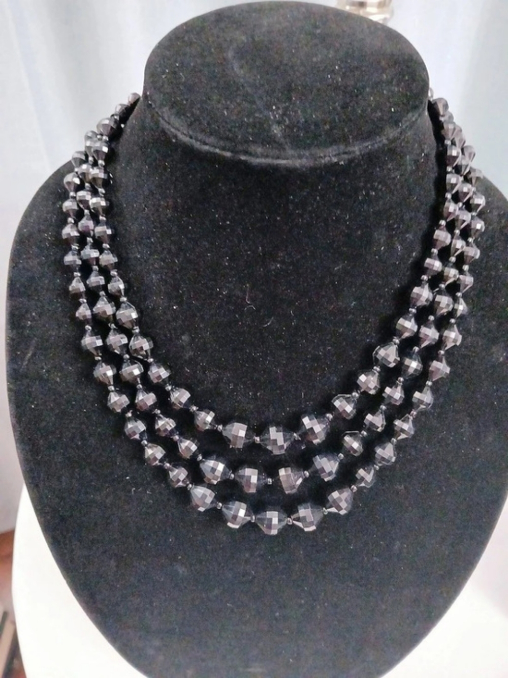Black Three-Strand Faceted Beaded Necklace Like New